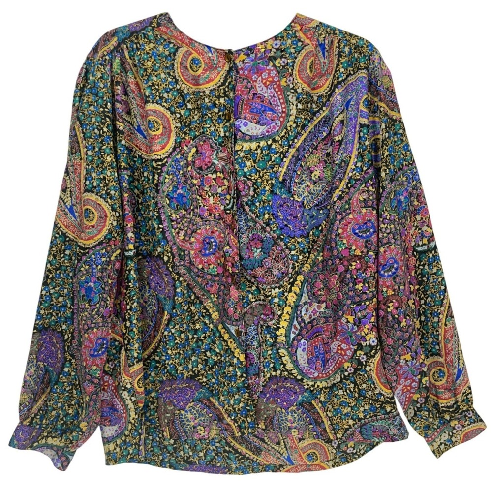 Koret Multicolor Paisley Floral Print Satin Button-Up Blouse 16 Vintage 90s